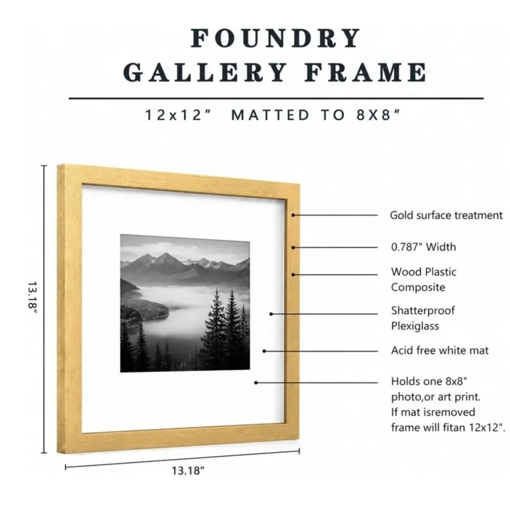 HEART ART 12x12 Gold Picture Frames Set of 9 w/ 8x8 Mats Gallery Wall Decor